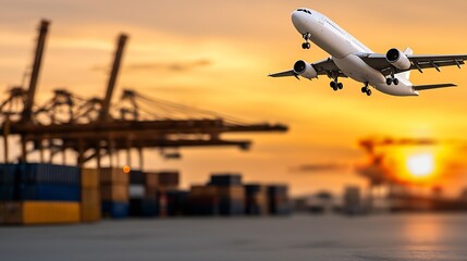 Aircraft Takeoff Above Container Port at Sunset Symbolizing Global Air Cargo : Generative AI