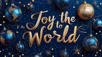 Joy to the World sign with globe ornaments and lights, concept of global holiday celebration