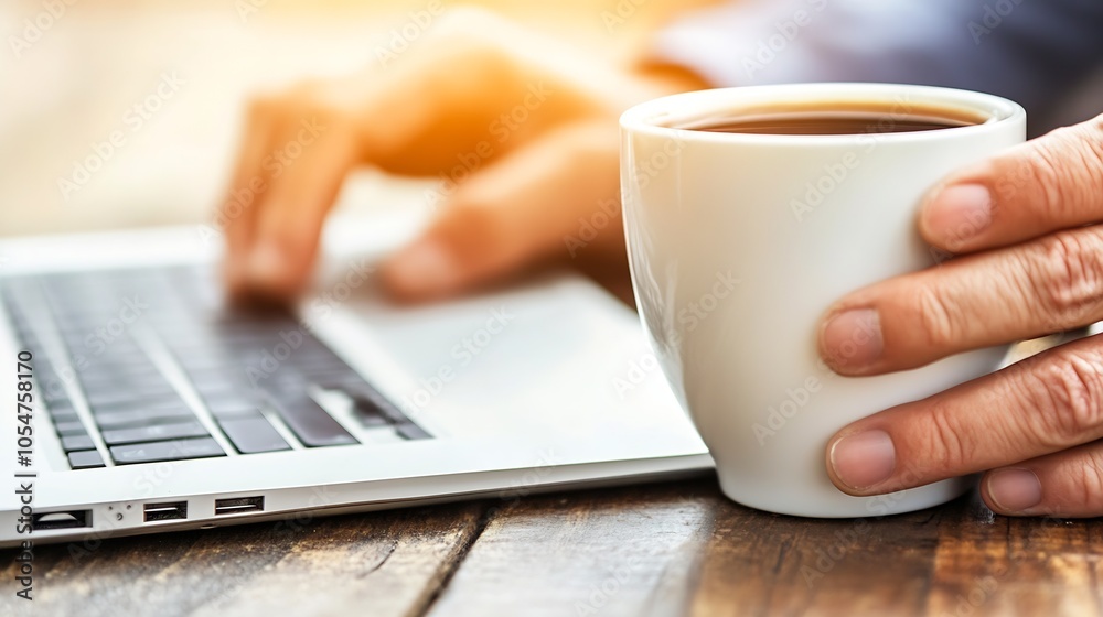 Poster person working with laptop and coffee for productivity and remote work concept : generative ai