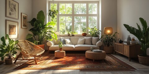 Modern Boho Living Room Interior Design with Natural Light and Plants