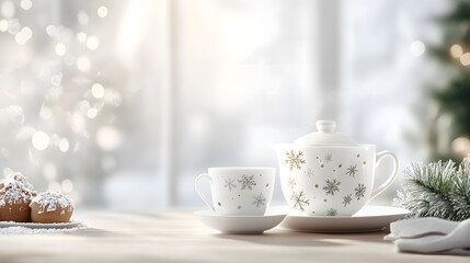Fototapeta premium Delicate snowflake designs adorn a charming christmas tea set in elegant china for festive gatherings and cozy moments