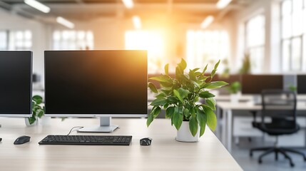 Obraz premium Modern Open Space Office Interior with Computer Desks and Greenery : Generative AI