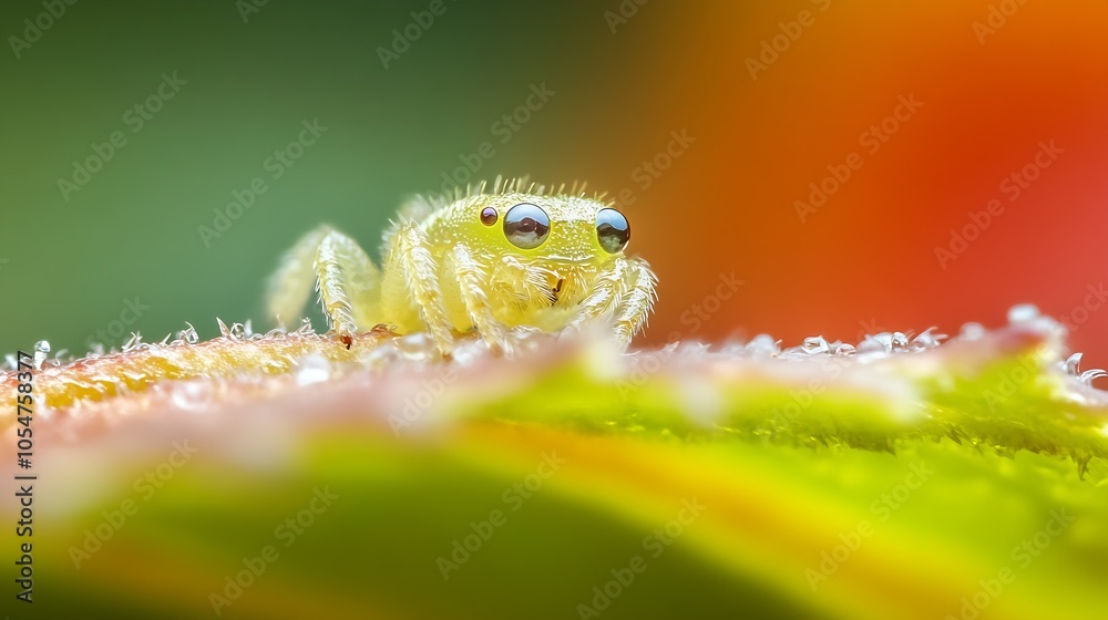 Poster close up macro of vibrant yellow jumping spider on dew covered leaf : generative ai