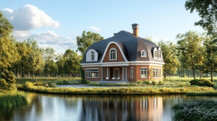 Obraz premium A picturesque house by a serene pond, surrounded by lush trees and a clear sky.