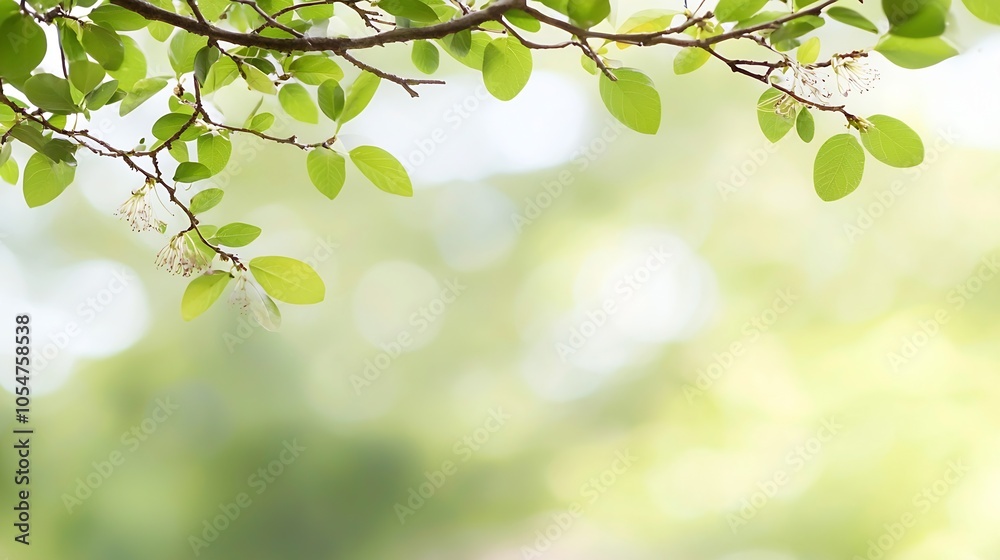 Aufkleber tranquil green leaf branch in soft focus against blurred nature background : generative ai
