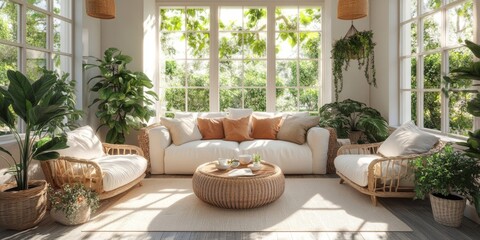 Modern Living Room with Natural Light and Wicker Furniture