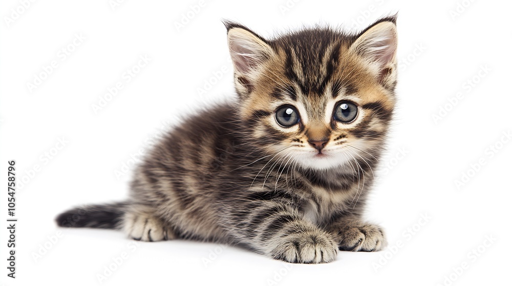 Poster adorable tabby kitten with stripes on a white background looking curious and cute : generative ai