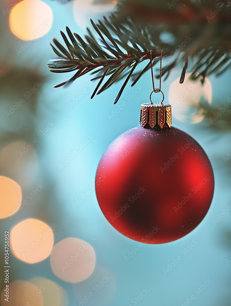 Poster Elegant Red Christmas Ornament Hanging on Pine Branch with Bokeh Lights in Background : Generative AI