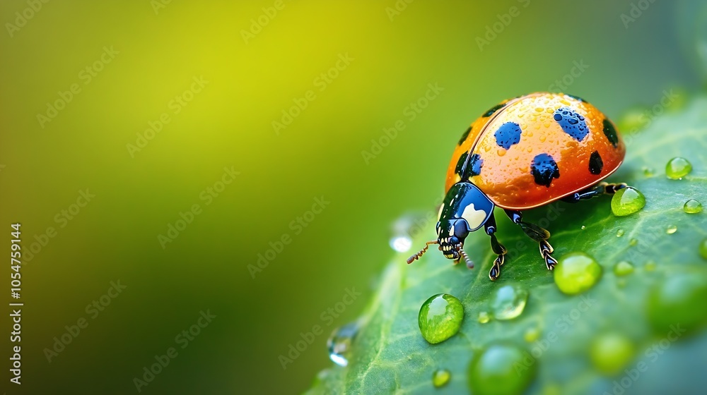 Poster Ladybug on Leaf with Water Droplets in Vibrant Green Spring Setting : Generative AI