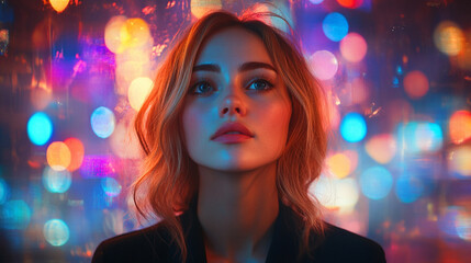 woman stands in the background, gazing at a vibrant celebration filled with lights and joyful moments. This scene embodies reflection, connection, and the beauty of shared experiences