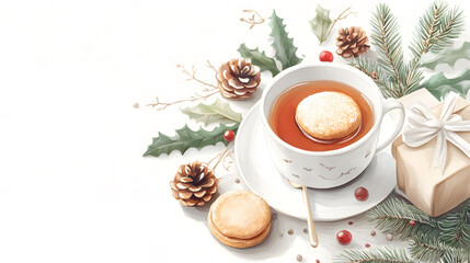 Cozy tea and mince pies christmas setting on a rustic table surrounded by festive decorations and pinecones