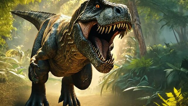t rex dinosaur in the jungle, footage, 4k footage, videos, video clip, slow motion, video wallpaper, animation, 4k