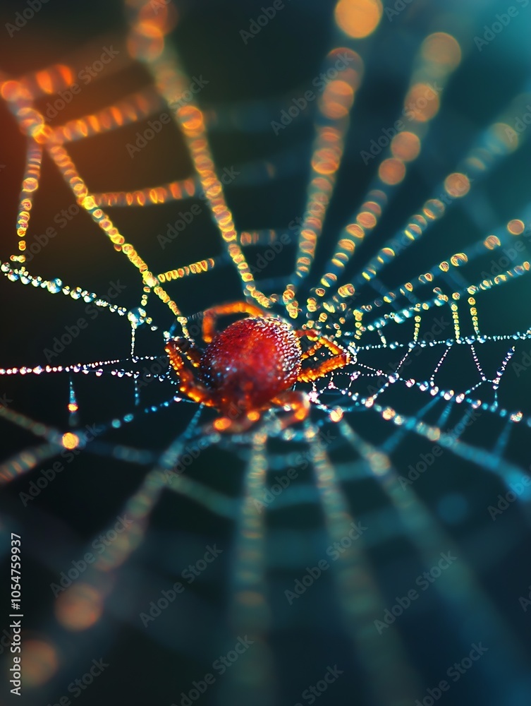 Poster Dramatic macro of a spider on a web with sparkling dewdrops backlit by colorful bokeh on a dark background : Generative AI