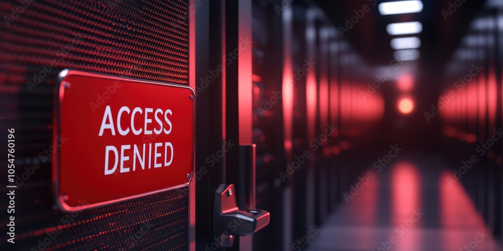 Poster rendering of a red sign displaying 'access denied' in a dimly lit server room with a high-tech vibe