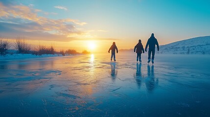 Fototapeta premium Joyful Family Ice Skating on Frozen Pond in Winter
