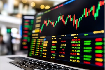 Hightech laptop displaying live stock market trends and data analysis : Generative AI