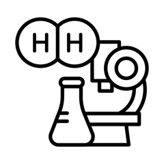 Hydrogen research icon. Includes a microscope, flask and the hydrogen element symbol.