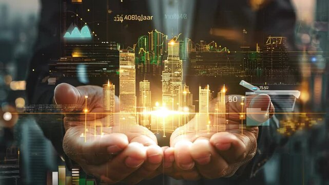 Real estate agent holding building structure golden hologram, home insurance and investment loan