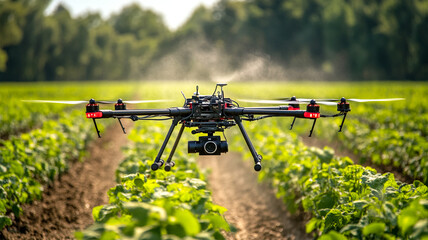 Front view of an agricultural drone hovering over crops, spraying fertilizer with fine mist, colorful fields below 