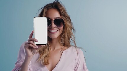 Advertising potential: girl displays smartphone with blank white screen, opportunities for advertising space and customizable text to engage audiences in digital marketing.