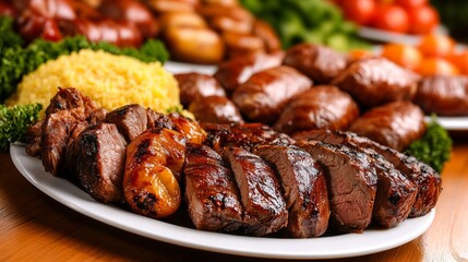 A close-up shot of a platter of grilled meat, with slices of steak and sausage.