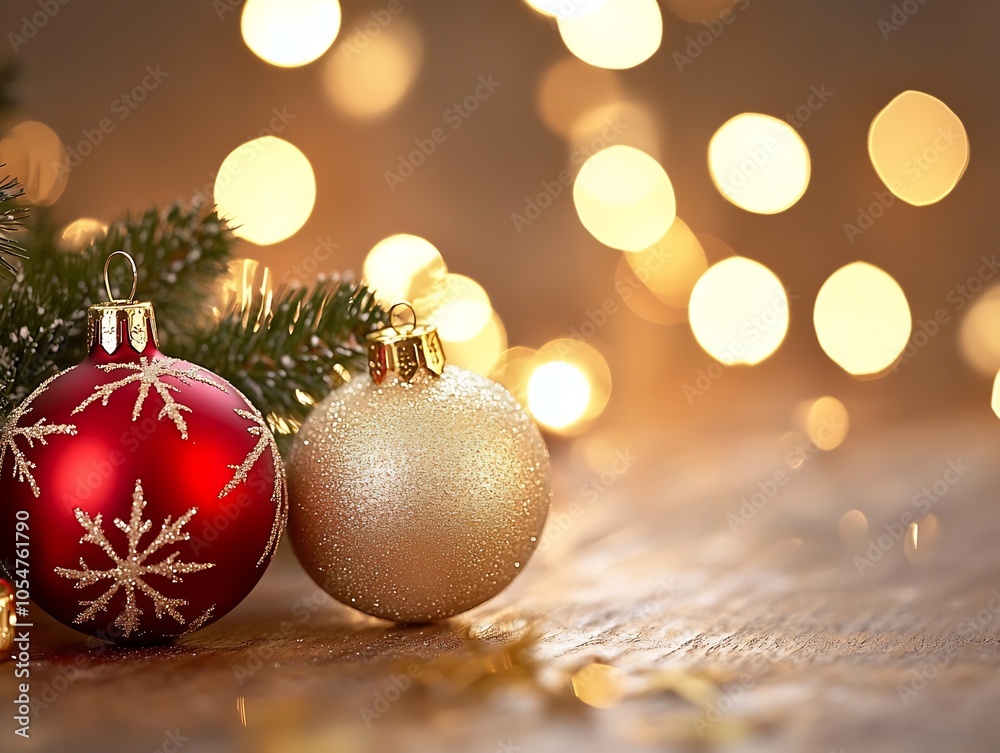 Poster elegant christmas ornaments with gold and red baubles on wooden surface with bokeh lights : generati