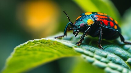 Fototapeta premium Colorful Ladybug on Green Leaf with Vibrant Red and Yellow Patterns in Nature : Generative AI