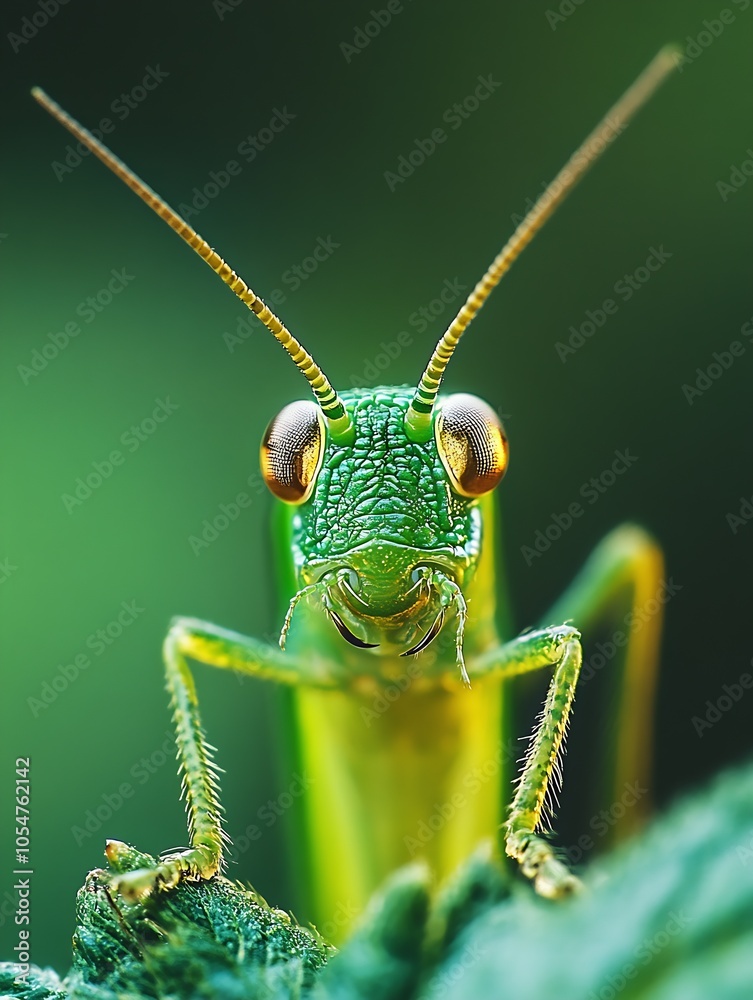 Poster vibrant green grasshopper on a leaf captured in detailed macro photography highlighting nature and w