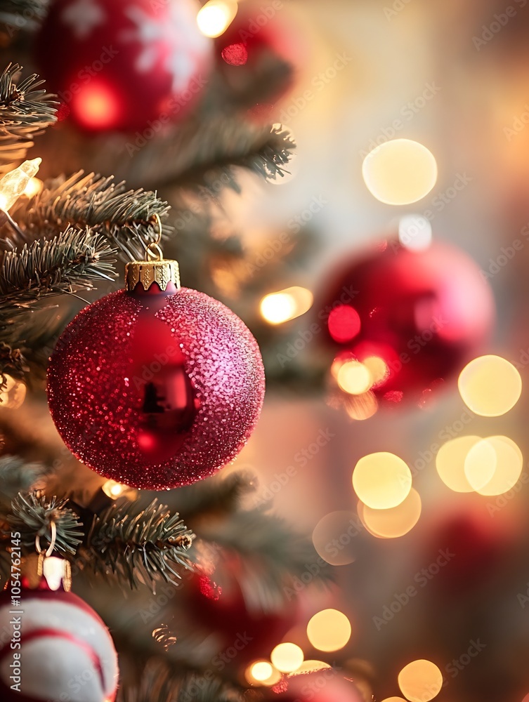 Poster Sparkling Christmas Tree with Red Ornaments and Warm Lights in Elegant Holiday Setting : Generative AI