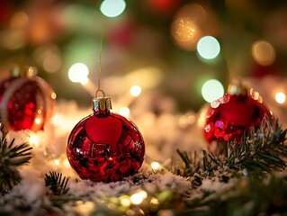 Glistening Red Christmas Baubles Resting on Snowy Pine Branches with Sparkling Lights : Generative AI