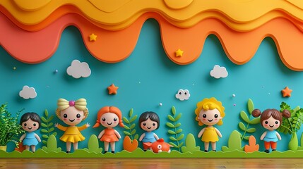 Obraz premium Colorful Cartoon Illustration Celebrating Friendship Day with Happy Children and Nature Elements