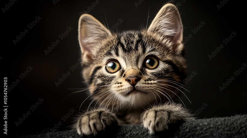Poster playful tabby kitten with wide eyes perched on dark surface in soft light : generative ai