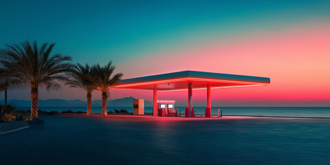 Gas station with neon lights by the sea at sunset with palm trees