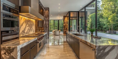 Fototapeta premium Modern Kitchen Design with Marble Countertops and Large Windows