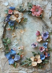 Vintage Floral Collage Art with Textured Background and Colorful Flowers in Rustic Style