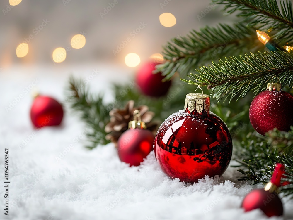 Poster red christmas baubles and branches on snow with warm fairy lights in festive setting : generative ai