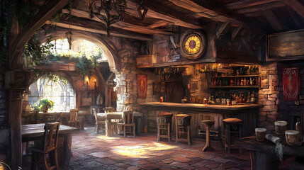 Medieval tavern interior. Fantasy Village. Illustration