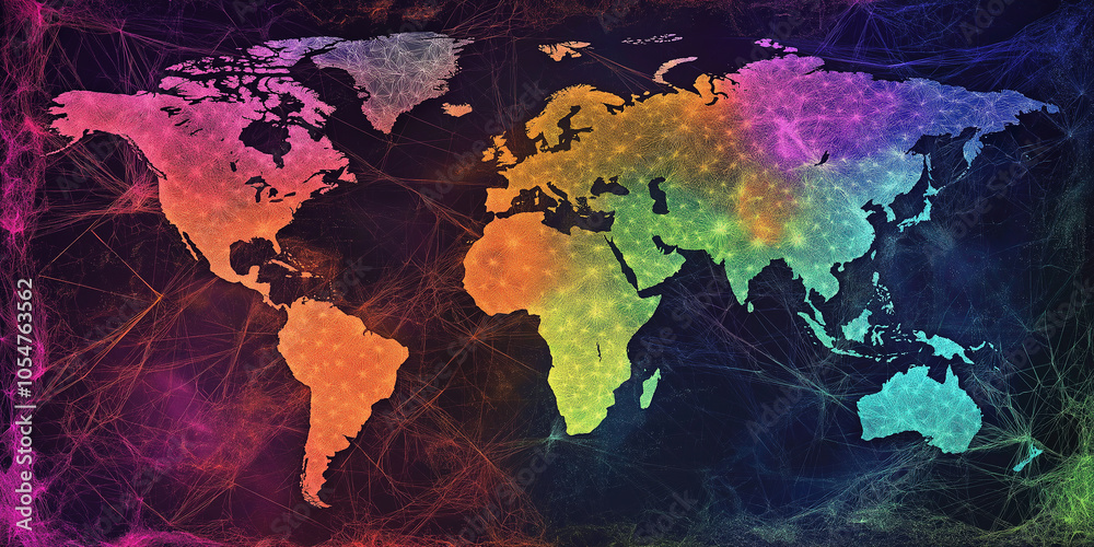 Poster World map showing interconnected global network and data flow