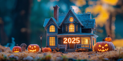 Halloween 2025 celebrating with haunted house and pumpkins