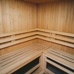 A wooden sauna interior with benches for relaxation and warmth.