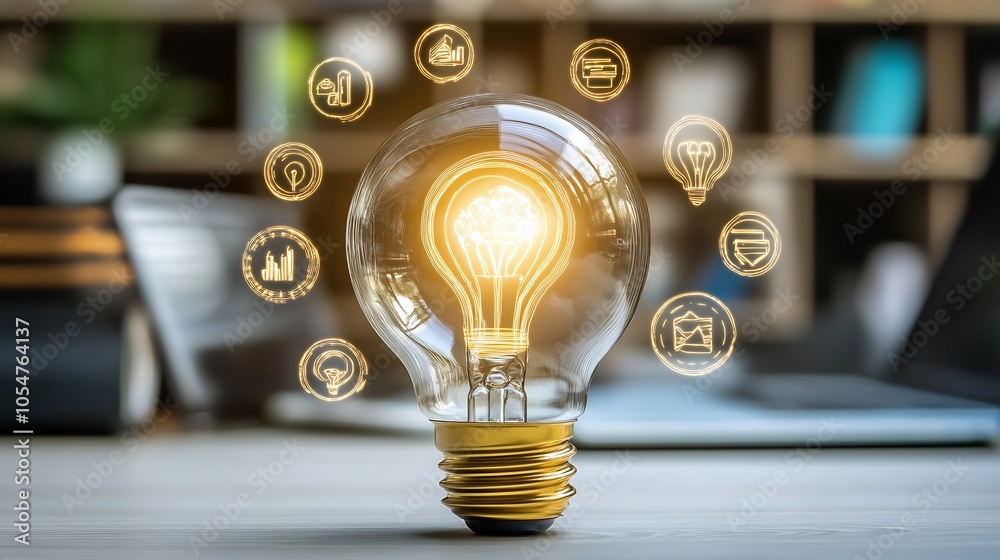 Poster creative light bulb idea concept with business innovation and solution icons hovering around : gener