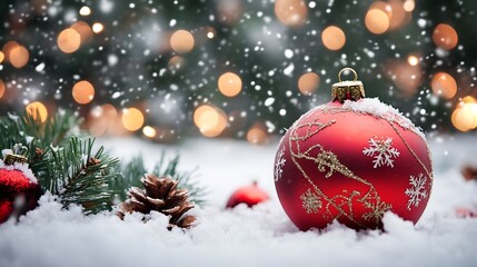 Winter Wonderland with Red Bauble and Snowy Backdrop Featuring Glowing Bokeh : Generative AI