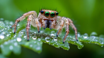 Closeup of Jumping Spider on Leaf with Water Droplets Highlighting Natural Predator and Environment : Generative AI