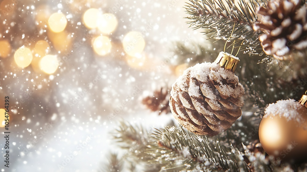 Poster pinecone and festive decorations with snowfall on evergreen tree in bright holiday light : generativ