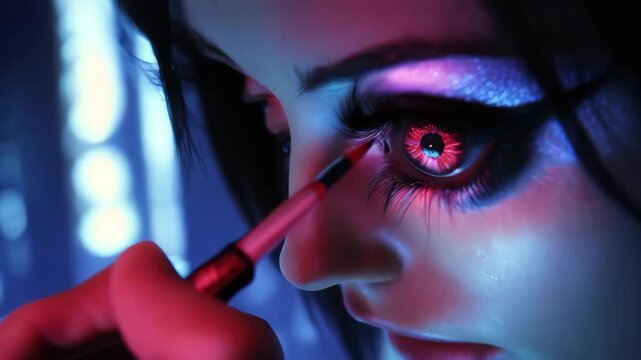Futuristic beauty makeup application in neon lighting, Dramatic cyberpunk cosmetics with ultraviolet glow