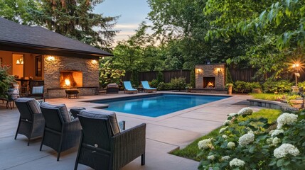 Fototapeta premium A serene backyard with a pool, lounge chairs, and a cozy fireplace for relaxation.