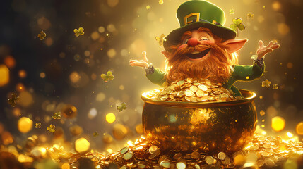 Mischievous leprechaun perched atop a glittering pot of gold. Leprechaun Treasure. Illustration