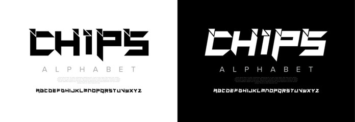 Chips creative modern geometric urban alphabet font. Digital abstract futuristic, game, techno, robot, music, logo, sport, minimal technology typography. Simple numeric vector illustration