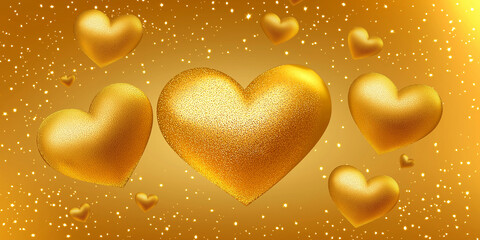Golden hearts floating on a sparkling gold background representing love and romance