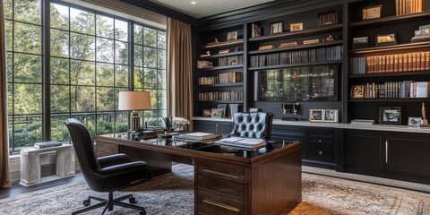 Modern Home Office Design with Black Walls and Built-in Bookshelves